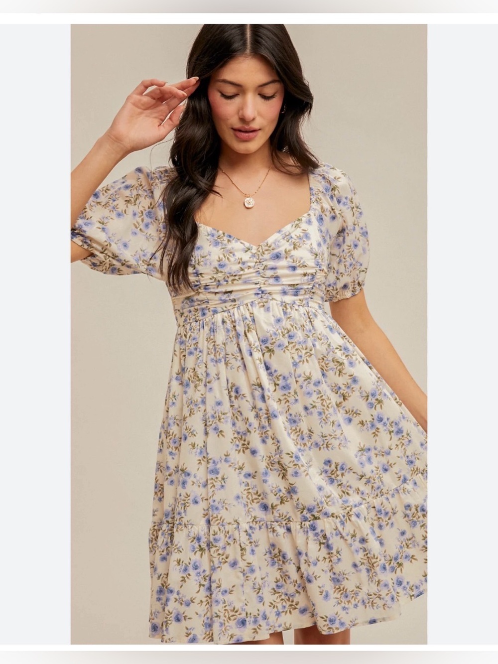 Crystal Doll Cream Mini Dress with Blue Floral Print